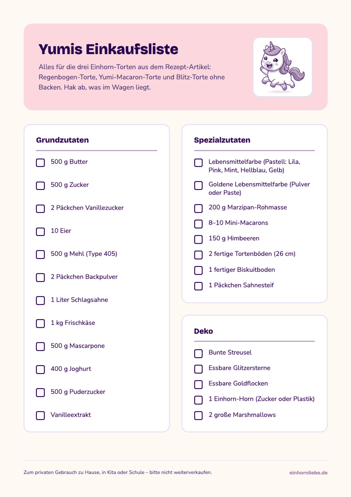 Vorschau von Yumis Einkaufsliste: Yumi neben dem Titel, darunter drei Listen mit Kästchen zum Abhaken für Grundzutaten, Spezialzutaten und Deko.