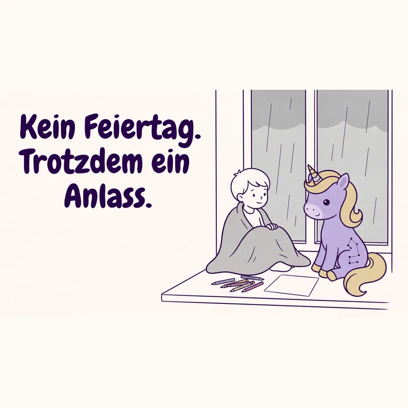 Luna sitzt mit einem Kind unter einer Decke am Fenster, draußen Novemberregen; darüber steht der handgeletterte Schriftzug „Kein Feiertag. Trotzdem ein Anlass.“.