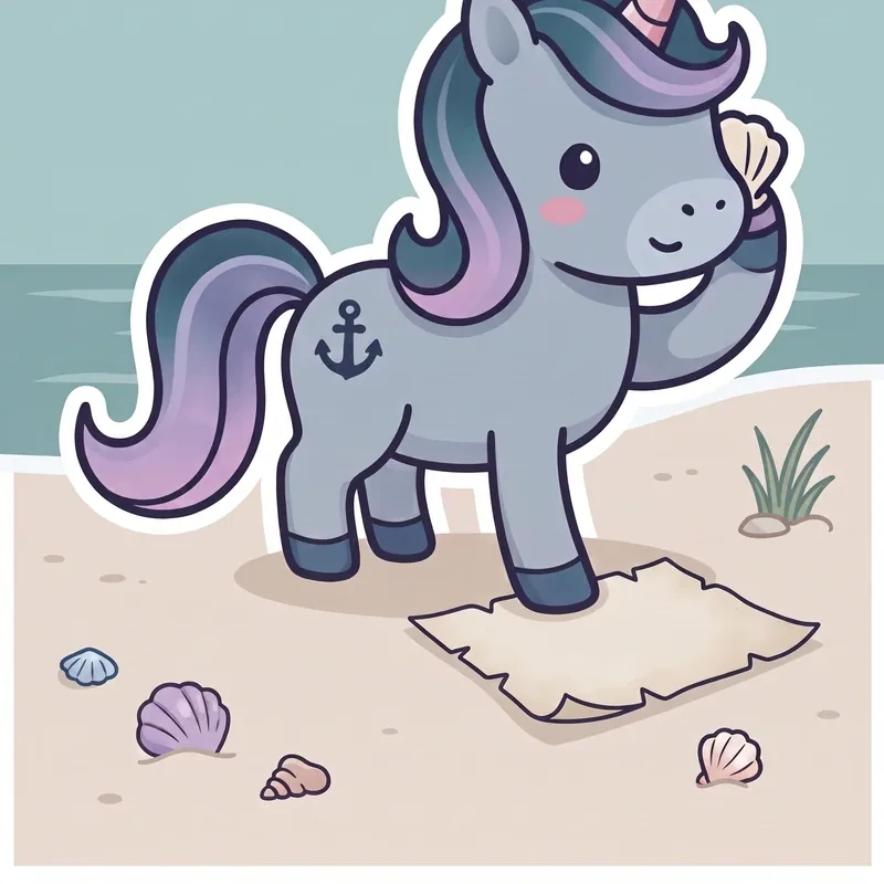 Kai, blaugraues Einhorn mit Anker auf der Flanke, hält am Strand eine Muschel. Im Sand vor ihm liegen weitere Muscheln.