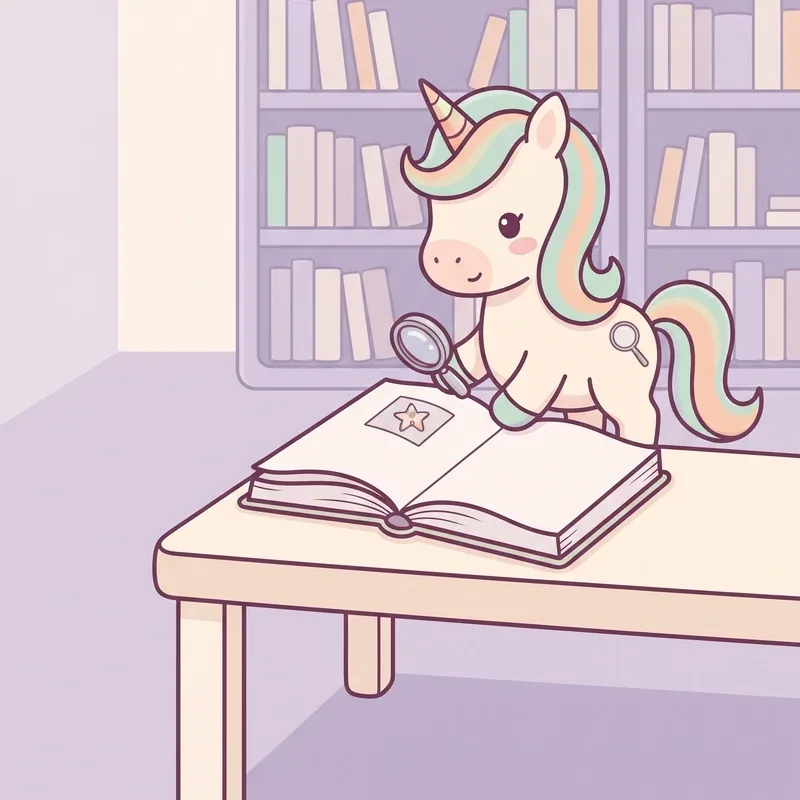 Kiki, cremefarbenes Einhorn mit mintgrüner Mähne, beugt sich mit einer Lupe über ein aufgeschlagenes Buch. Hinter ihr stehen zwei Bücherregale.