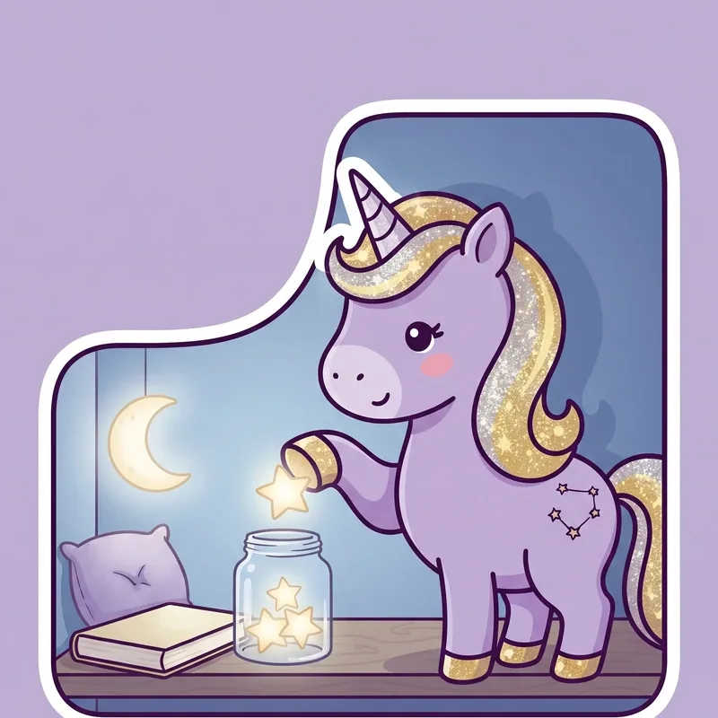 Luna, fliederfarbenes Einhorn mit gold schimmernder Mähne, legt einen Stern in ein Glas. Daneben liegen ein Buch und ein Kissen, im Fenster steht der Mond.