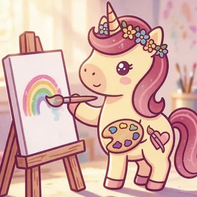 Maja, cremegelbes Einhorn mit beerenroter Mähne und Blumenkranz, malt mit einem Pinsel einen Regenbogen auf eine Leinwand.