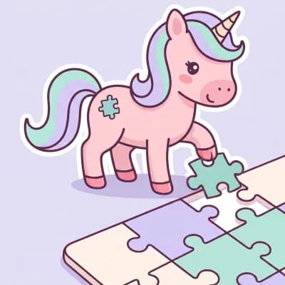 Momo, rosafarbenes Einhorn mit Puzzleteil auf der Flanke, legt ein mintgrünes Puzzleteil in die offene Lücke eines großen Puzzles.