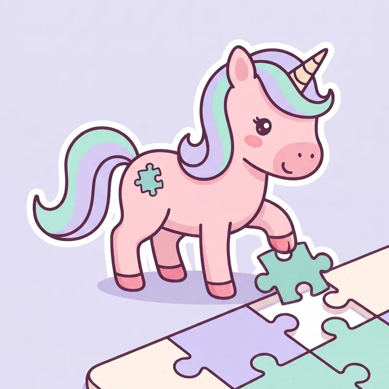 Momo, rosafarbenes Einhorn mit Puzzleteil auf der Flanke, legt ein mintgrünes Puzzleteil in die offene Lücke eines großen Puzzles.