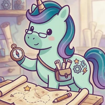 Niko, mintgrünes Einhorn mit violetter Mähne und runder Brille, hält einen Kompass und steht auf einer ausgerollten Schatzkarte.