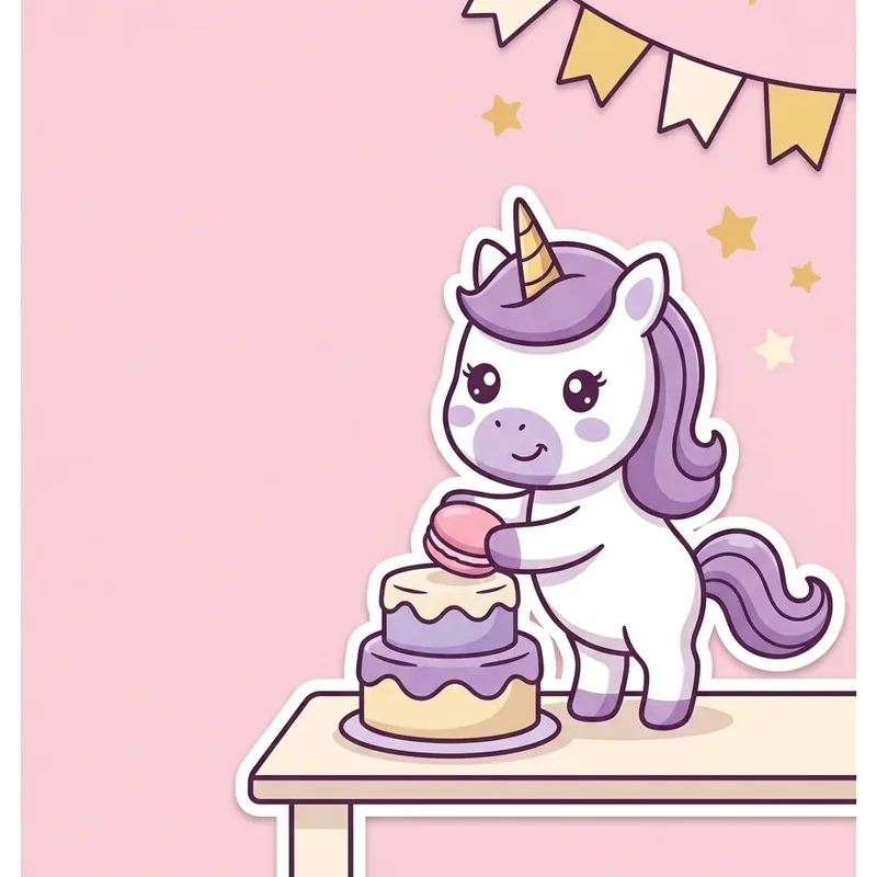 Yumi, weißes Einhorn mit lila Mähne und goldenem Horn, setzt ein rosa Macaron auf eine zweistöckige Torte.