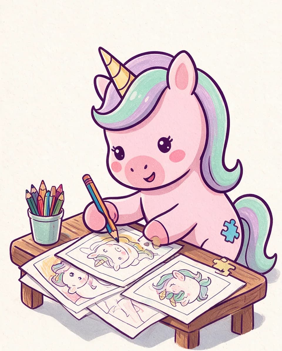 Momo, das rosafarbene Rätsel-Einhorn, sitzt am Basteltisch und malt eine ausgedruckte Ausmalvorlage an. Daneben ein Stiftebecher und ein Puzzleteil.