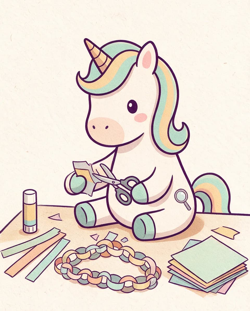 Kiki, das cremefarbene Lese-Einhorn, schneidet am Basteltisch mit einer Kinderschere bunte Papierstreifen für eine Papierkette zu.