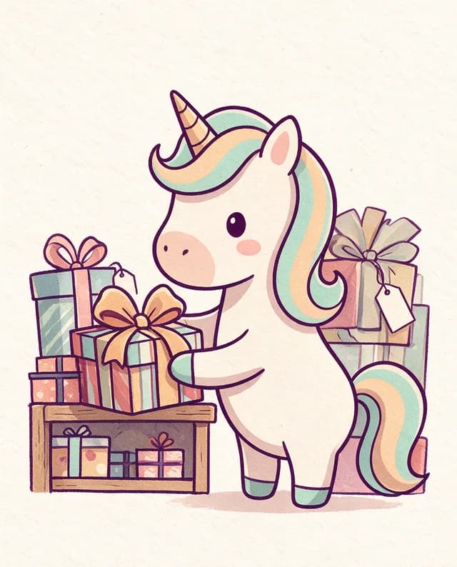 Kiki steht vor einem Regal voller verschieden verpackter Geschenke und hält eines mit großer Schleife in den Hufen.