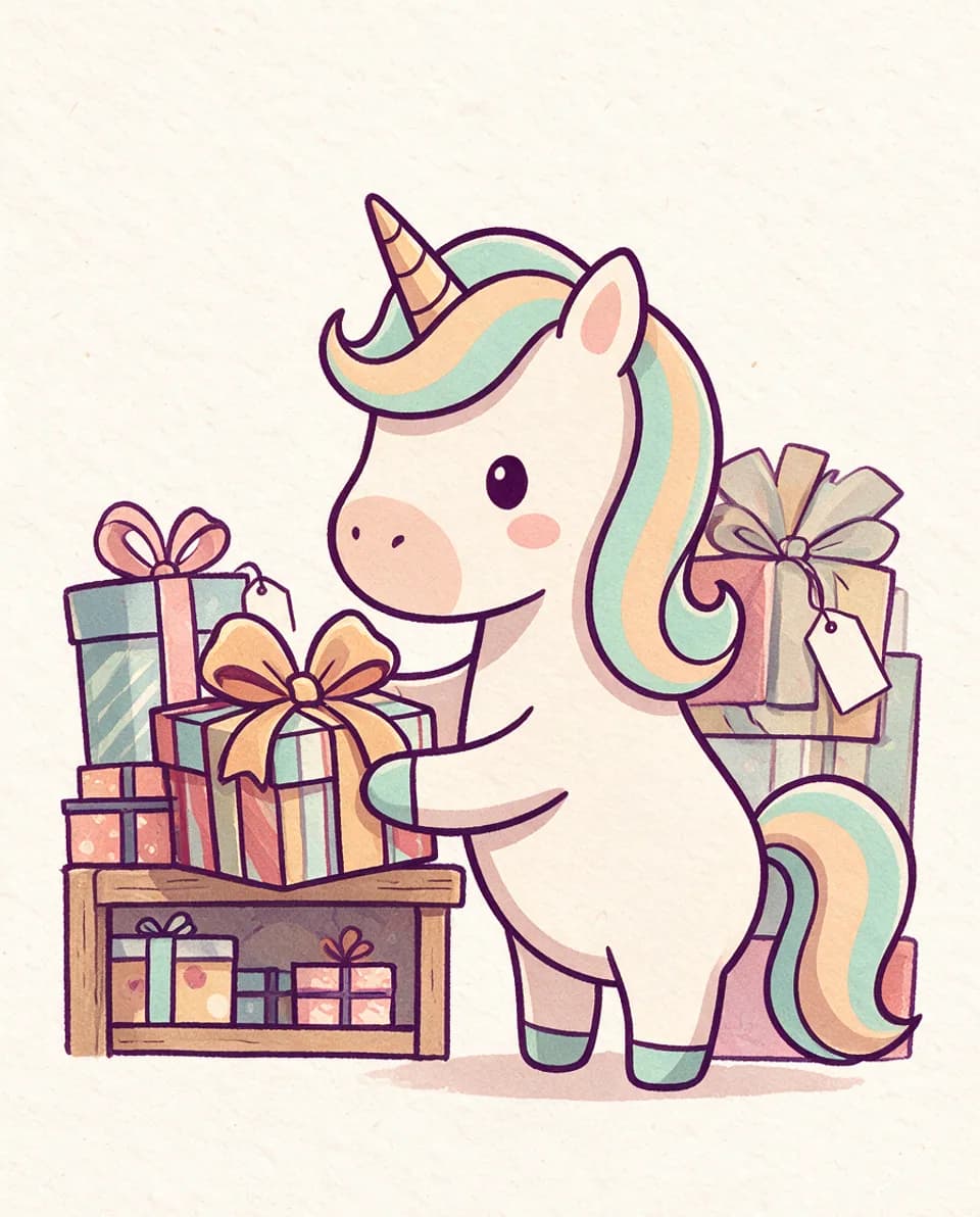Kiki steht vor einem Regal voller verschieden verpackter Geschenke und hält eines mit großer Schleife in den Hufen.