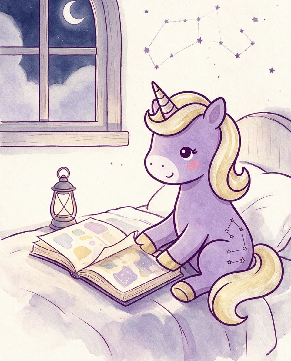 Luna, das fliederfarbene Nacht-Einhorn, sitzt abends auf dem Bett und liest in einem aufgeschlagenen Buch. An der Wand ein Sternbild, im Fenster der Mond.