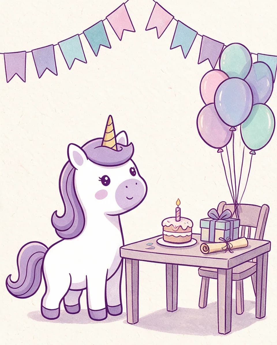 Yumi, das weiße Party-Einhorn mit lila Mähne, steht an einem gedeckten Geburtstagstisch mit Torte, Kerze, Geschenk, Schatzkarte, Wimpelkette und Luftballons.