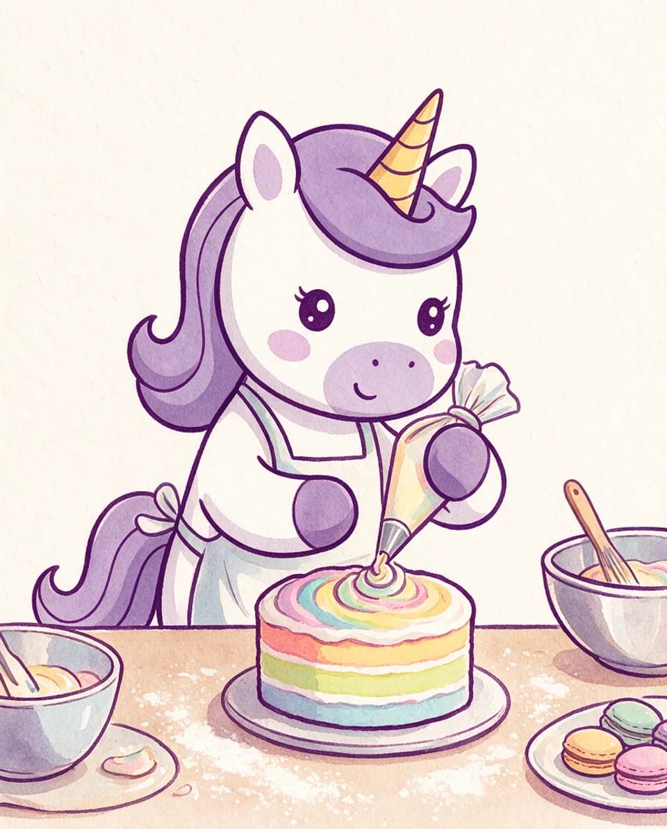 Yumi mit Schürze spritzt Frosting auf eine Regenbogentorte. Daneben eine Rührschüssel und ein Teller mit Macarons.