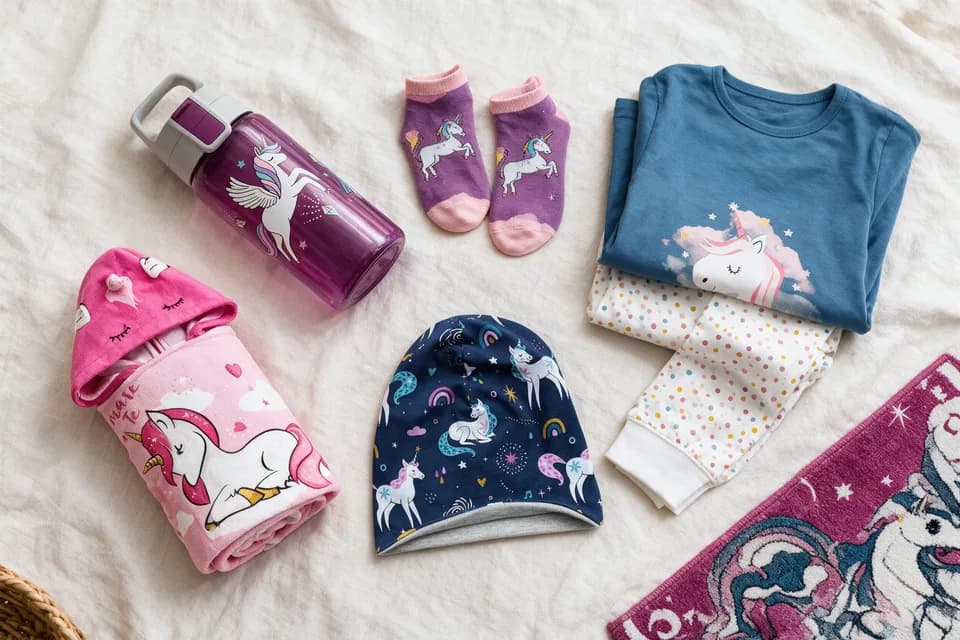 Ein Flatlay auf hellem Leinen mit Trinkflasche, gemusterten Kindersocken, zusammengelegtem Schlafanzug, aufgerolltem Badehandtuch, Strickmütze und einer Ecke des Einhorn-Teppichs.