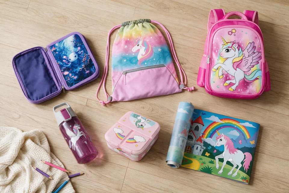 Ein Flatlay auf hellem Eichenboden mit aufgeklapptem Federmäppchen, Turnbeutel, Kinderrucksack, Trinkflasche, Brotdose und aufgerollter Schreibtischunterlage.