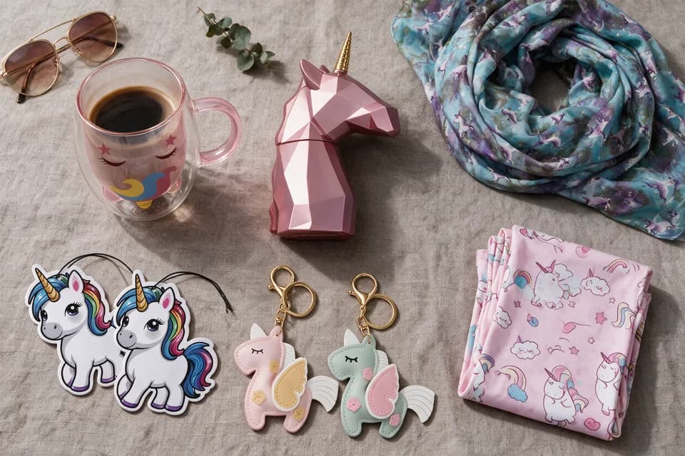 Ein ruhiges Flatlay auf greigem Leinen mit doppelwandigem Kaffeeglas, Parfumflakon in Einhornform, gefaltetem Damenschal, Duftbaum fürs Auto, Schlüsselanhänger und zusammengelegten Leggings.