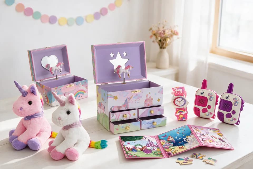 Ein Tisch mit ausgepackten Geburtstagsgeschenken: zwei Einhorn-Kuscheltiere, eine Spieluhr mit Schmuckfach, eine geöffnete Schmuckschatulle, eine Zeitlernuhr, zwei Walkie-Talkies und ein magnetisches Puzzle.