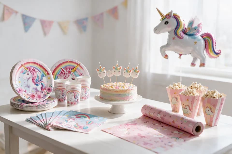 Ein gedeckter Kindergeburtstagstisch mit Einhorn-Deko: Wimpelketten, Ballons, eine Torte und ein Gedeck aus buntem Partygeschirr.