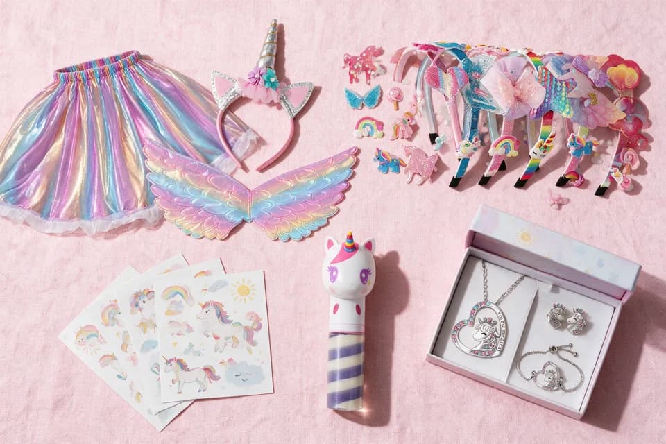 Ein Flatlay mit Einhorn-Kostüm, Haarreif, Klebetattoos, Lipgloss und einer Schmuckbox.