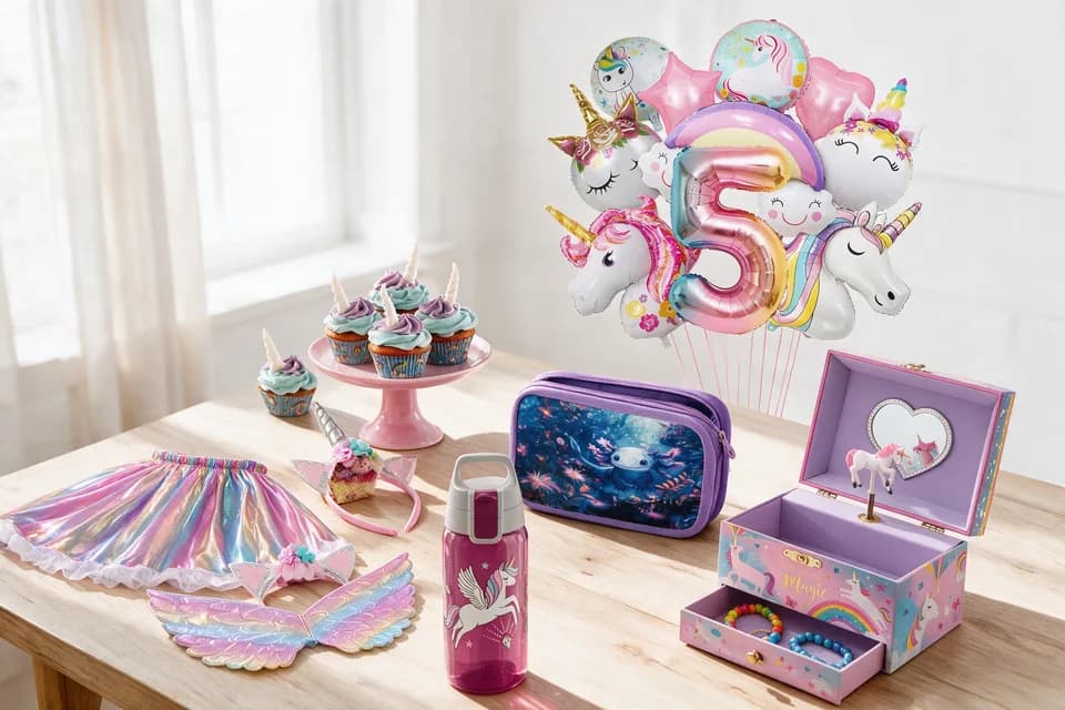 Ein heller Holztisch mit einem Querschnitt der Sammlung: eine Einhorn-Ballontraube, Cupcakes mit Zuckerhörnern auf einer Etagere, ein Tüllrock mit Haarreif und Flügeln, ein Federmäppchen, eine Trinkflasche und eine geöffnete Spieluhr mit Schmuckfach.