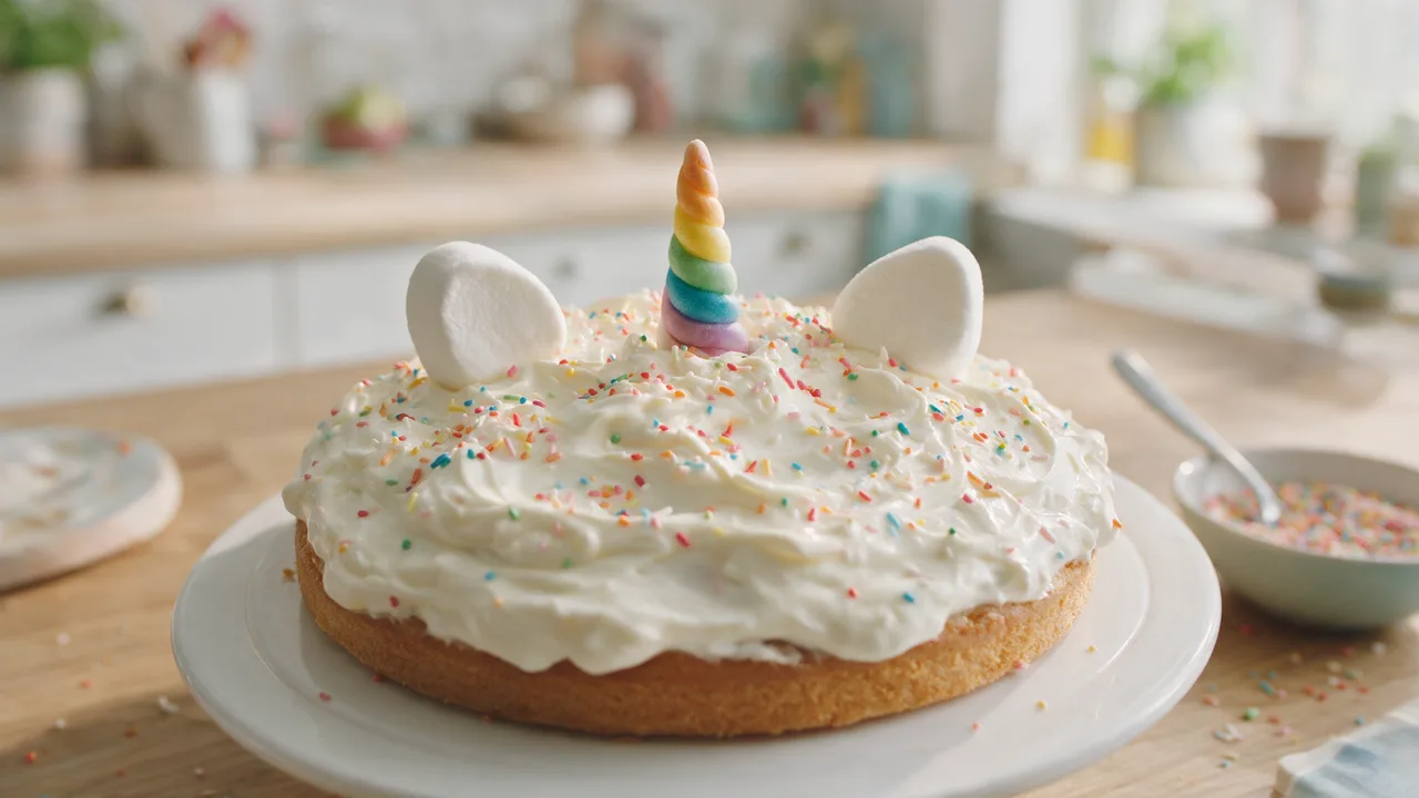 Einhorn-Torte ohne Backen mit grob aufgetragener Creme, bunten Zuckerstreuseln und zwei Ohren aus Marshmallows