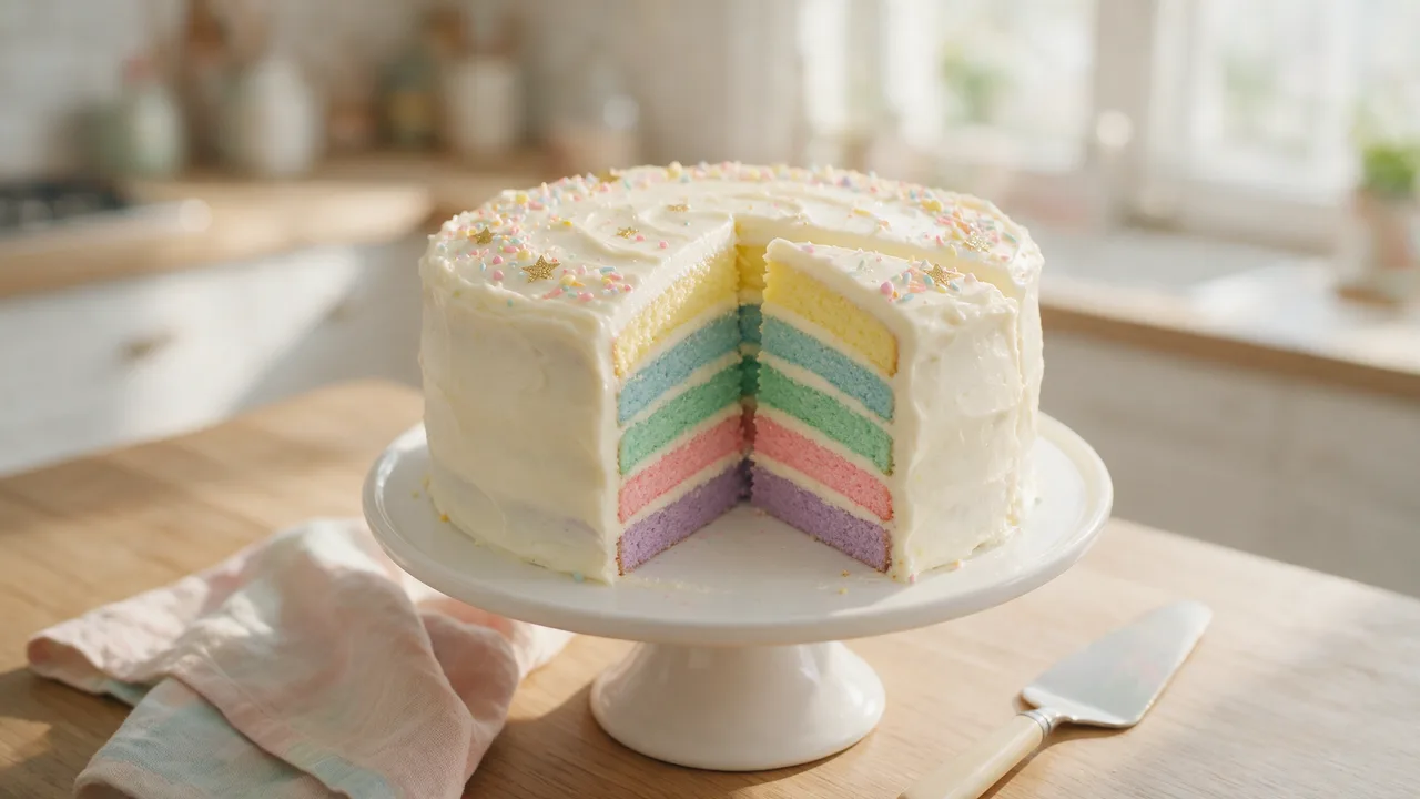 Angeschnittene Regenbogen-Torte mit fünf pastellfarbenen Schichten und weißem Frischkäse-Überzug, ein Stück ist herausgenommen