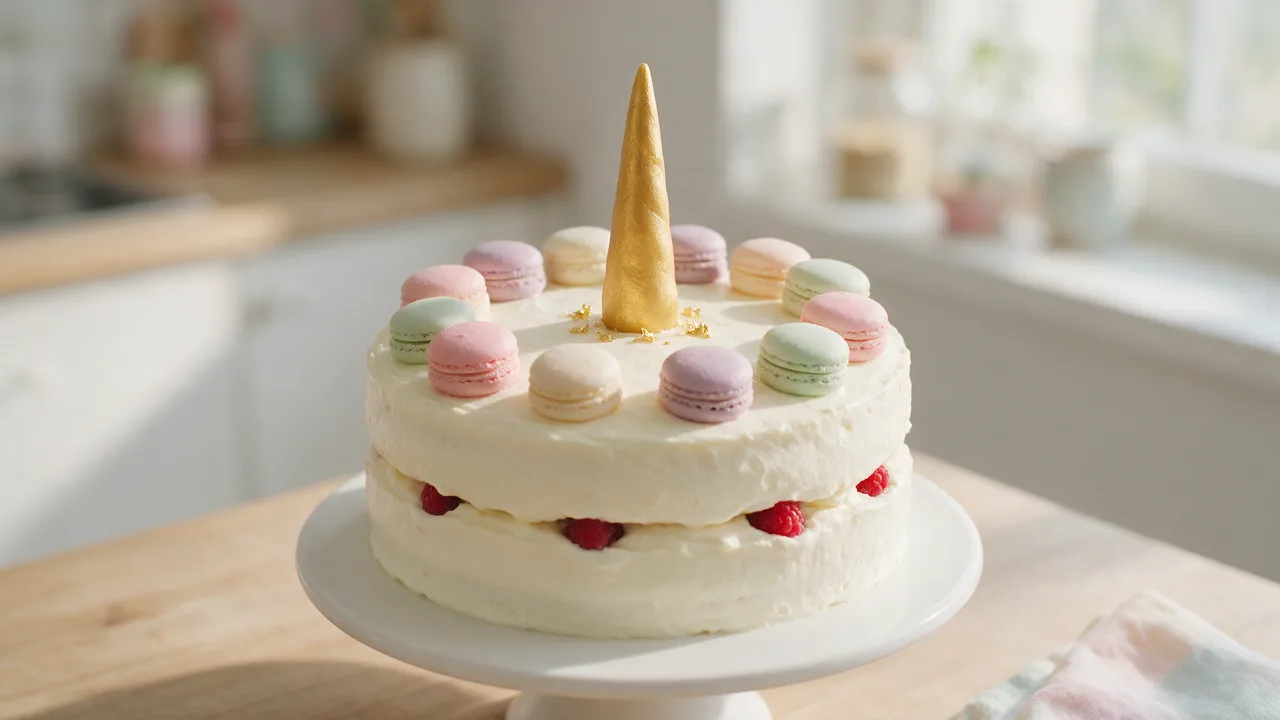 Runde Torte nach Yumi mit dicker Buttercreme, einem Kranz aus Mini-Macarons obenauf und einem goldenen Horn aus Fondant