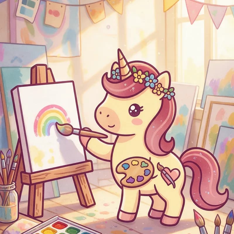 Maja steht in einem hellen Mal-Atelier an der Staffelei und malt einen Regenbogen. Um sie herum liegen eine Farbpalette und bunte Farbkleckse.