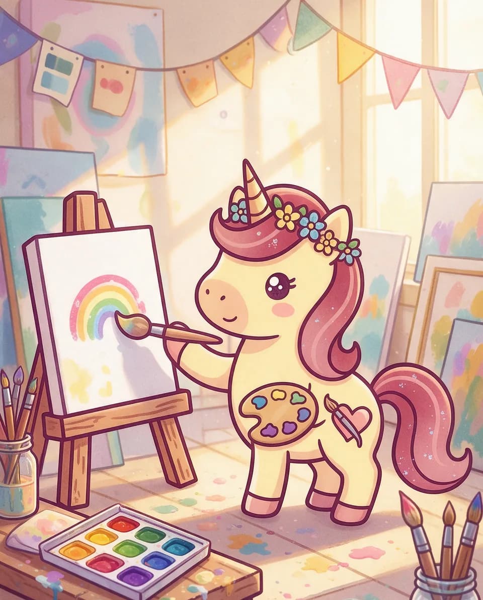 Maja steht in einem hellen Mal-Atelier an der Staffelei und malt einen Regenbogen. Um sie herum liegen eine Farbpalette und bunte Farbkleckse.