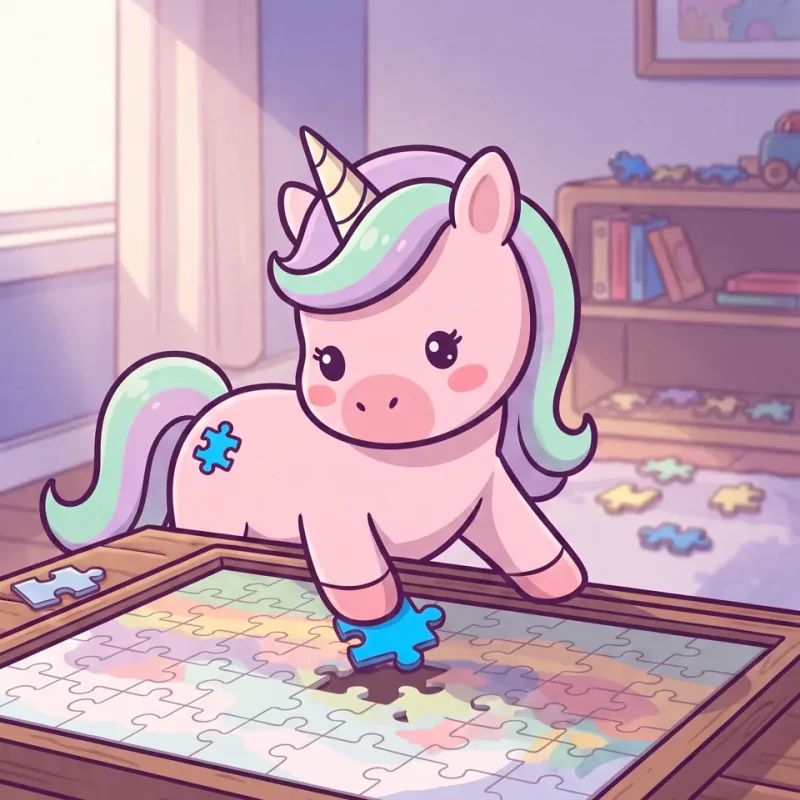 Momo setzt in einem Puzzlebrett auf dem Boden ein blaues Teil in die letzte Lücke. Ringsum liegen weitere Teile verstreut.