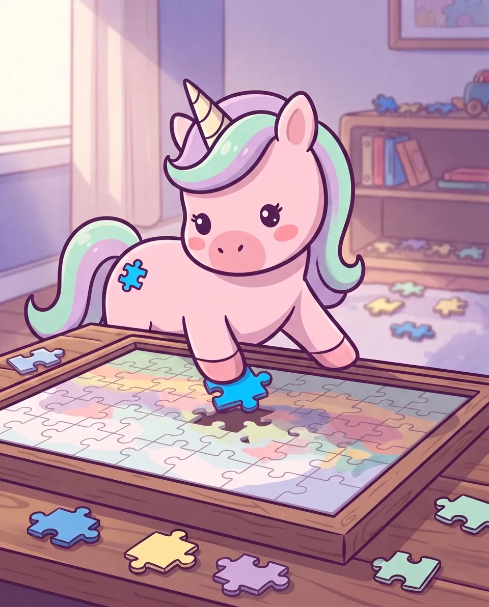 Momo setzt in einem Puzzlebrett auf dem Boden ein blaues Teil in die letzte Lücke. Ringsum liegen weitere Teile verstreut.
