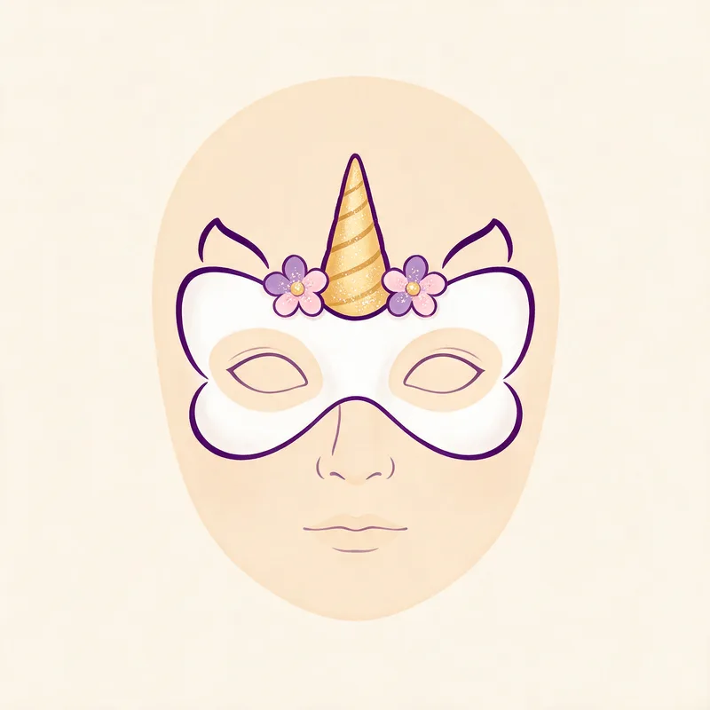 Schminkvorlage Einhorn-Maske auf einer neutralen Gesichtsschablone: weiße Halbmaske um beide Augen mit dunkelvioletter Kontur, goldenem Horn auf der Stirn und zwei kleinen Blumen.