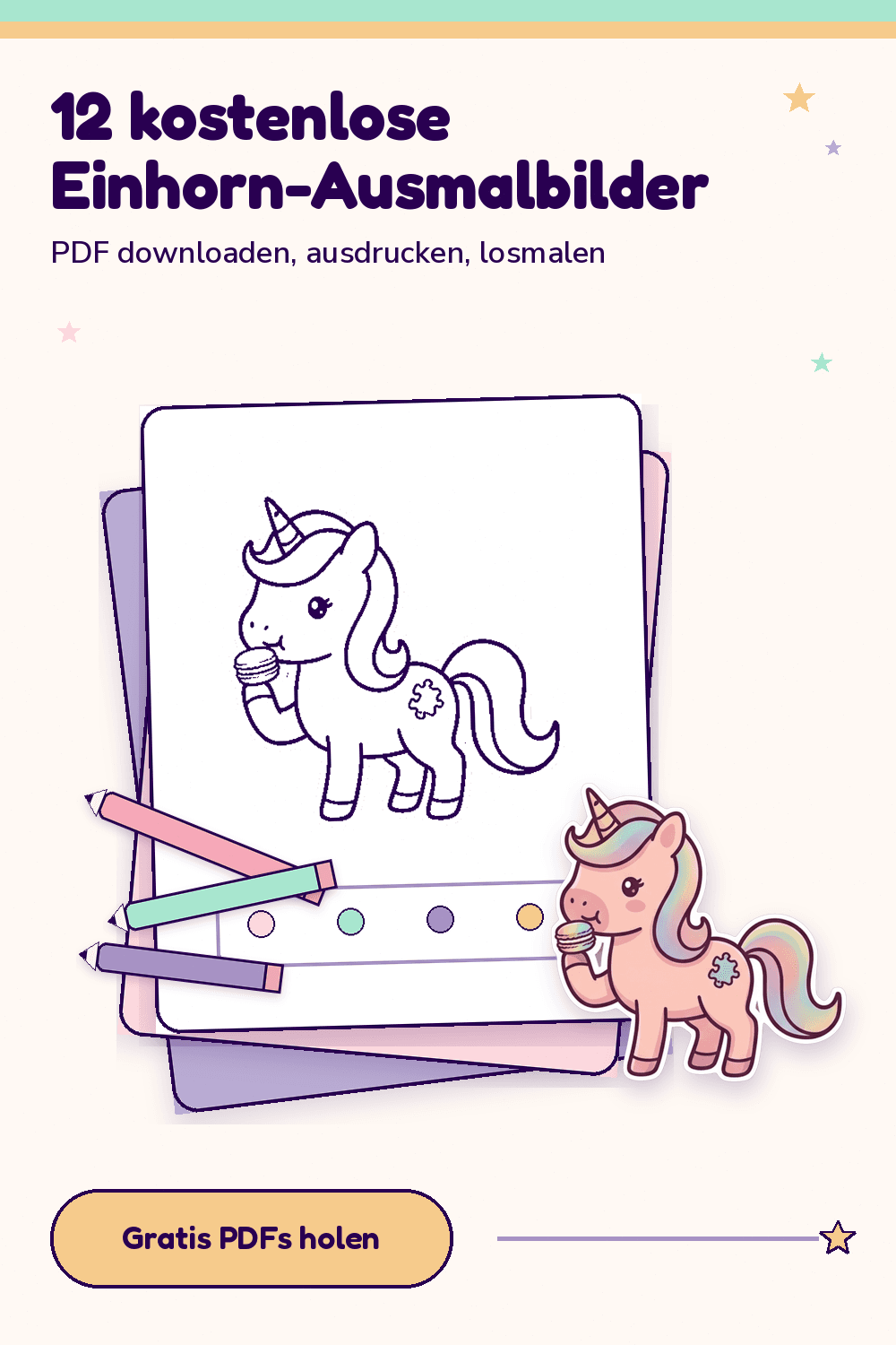 Pinterest-Vorschau: Momo neben einem Stapel Einhorn-Ausmalbilder.