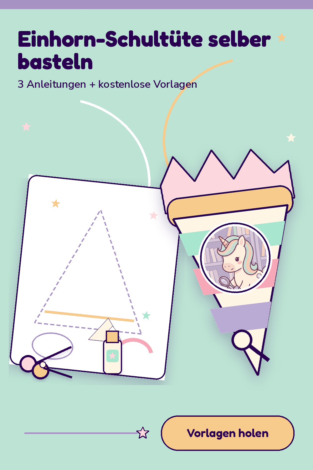 Pinterest-Vorschau: Kiki neben einer fertig gebastelten Einhorn-Schultüte und der Vorlage dazu.