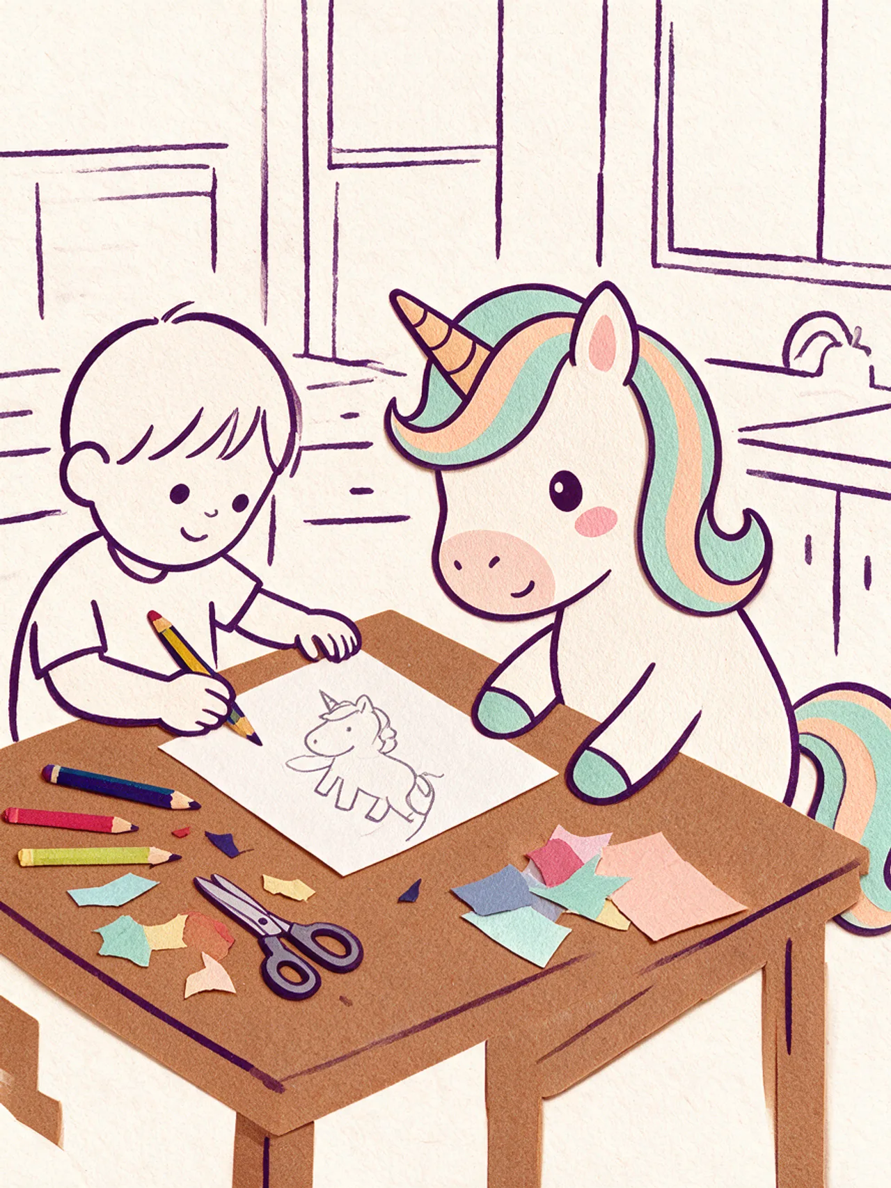 Ein Kind malt am Küchentisch ein Einhorn; gegenüber sitzt Kiki und schaut auf das Blatt.