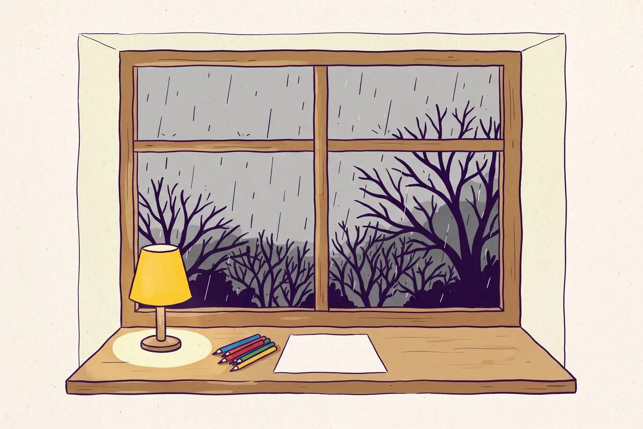 Blick von innen auf ein regennasses Fenster mit kahlen Ästen; auf der Fensterbank stehen eine kleine Lampe, Buntstifte und ein Blatt Papier.