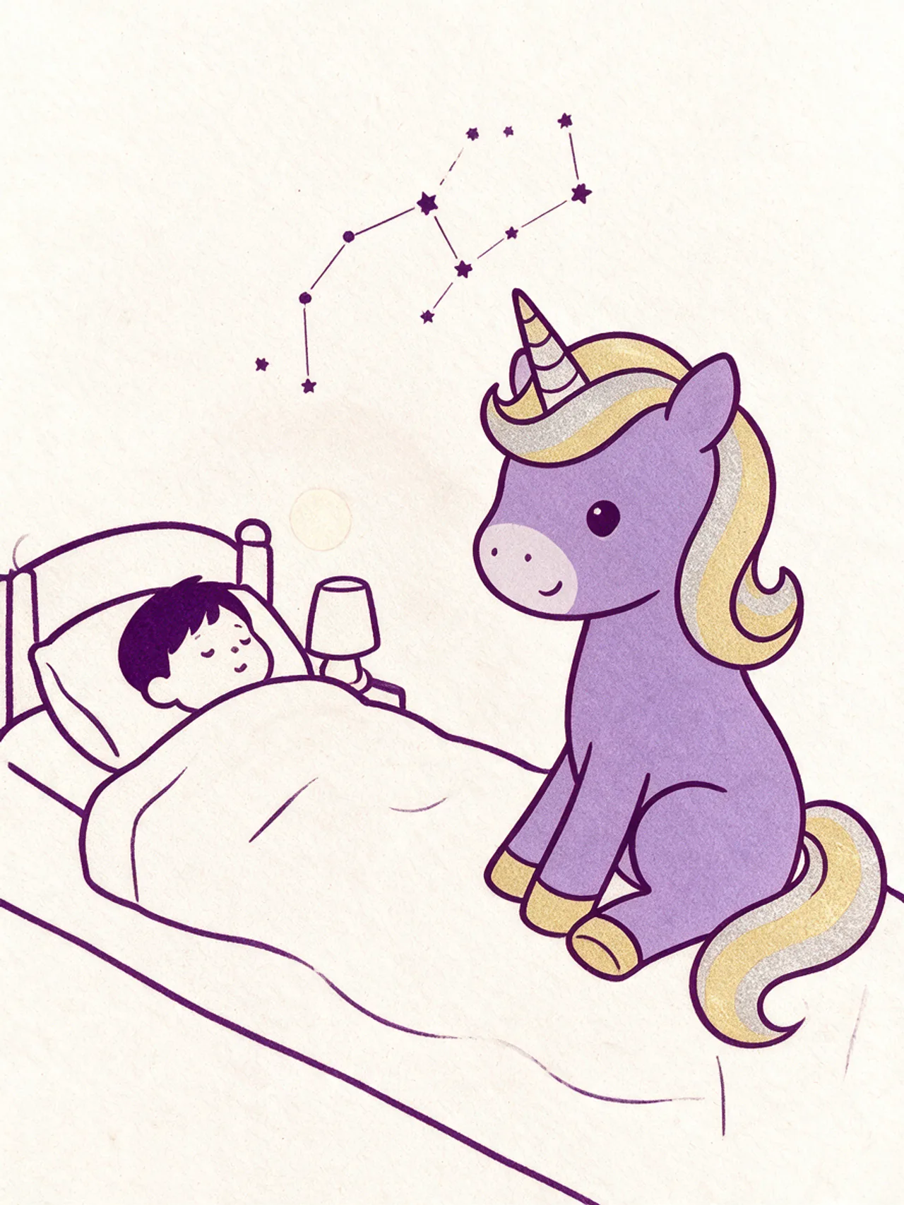 Ein Kind liegt im Bett unter einer Decke, daneben sitzt Luna; über beiden schweben wenige Sterne, die zu einem Sternbild verbunden sind.