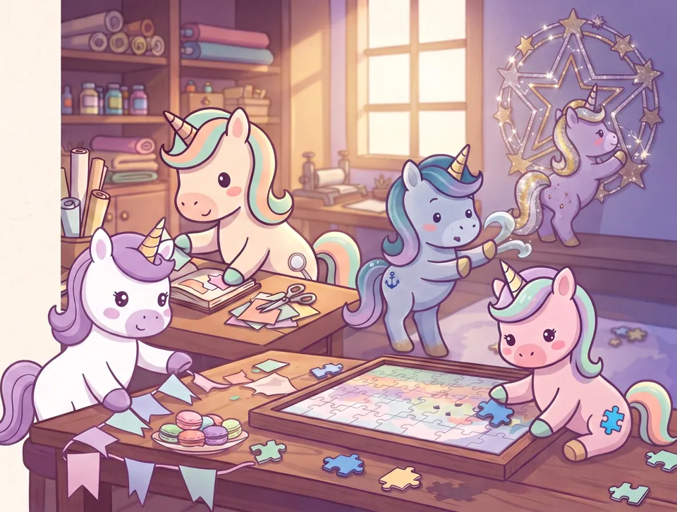 Yumi, Luna, Kiki, Kai und Momo gestalten gemeinsam in einem warm beleuchteten Atelier.